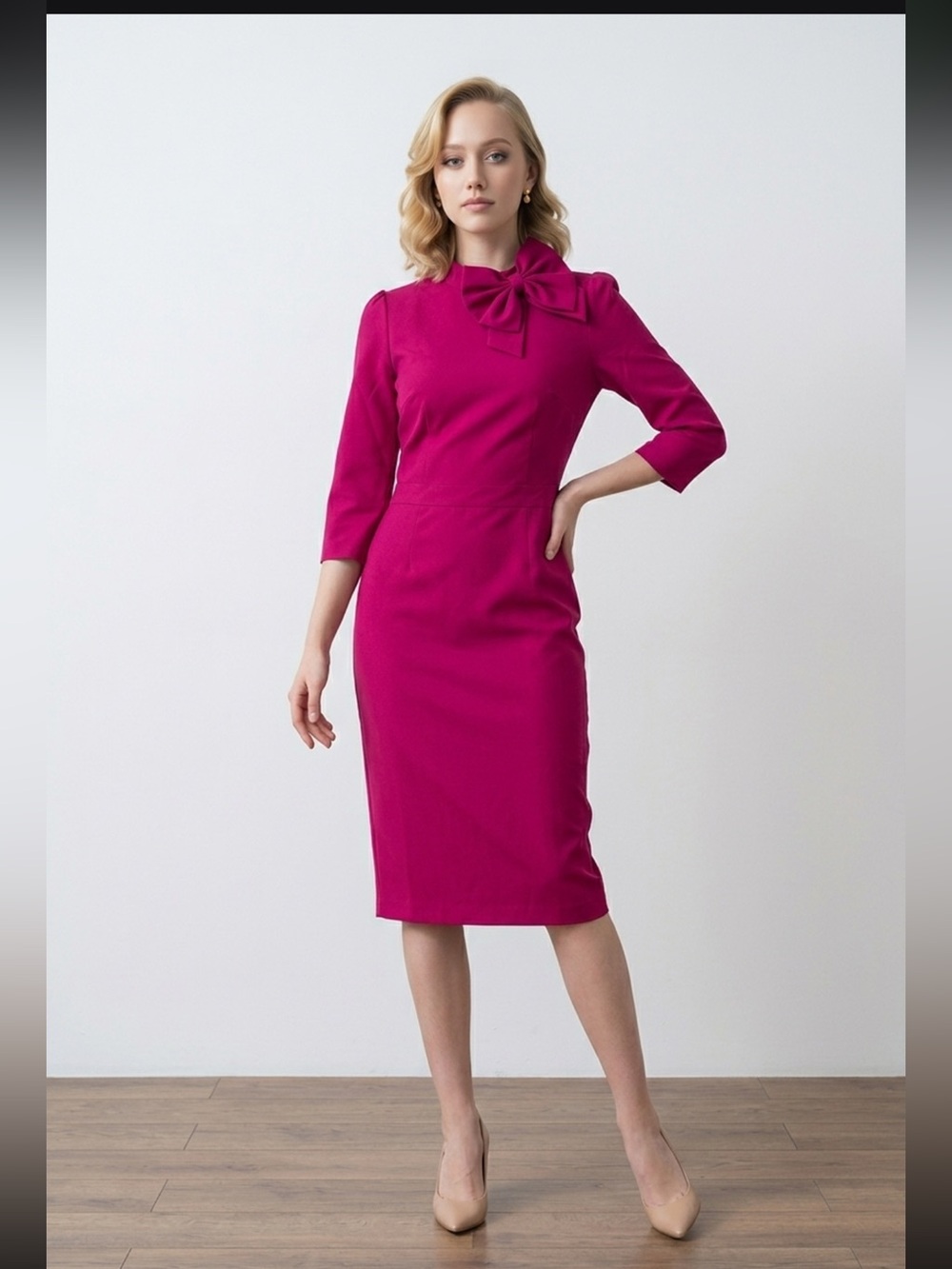 Vintage Diva Topvintage Fuchsia Pink Bow Neck Wiggle Pencil Dress M